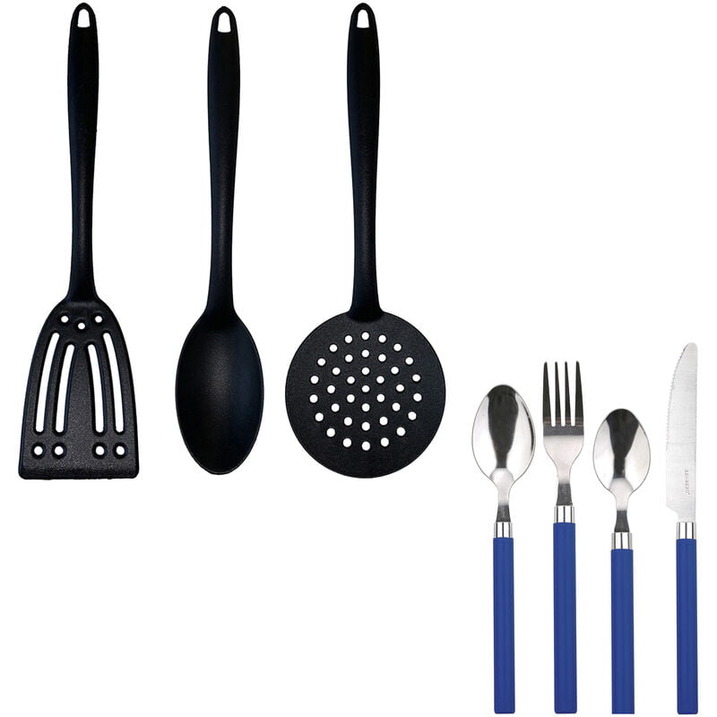 Cuberteria 24 piezas de acero inoxidable Happie Blue con set de 3 utensilios de cocina en nylon - Renberg barato