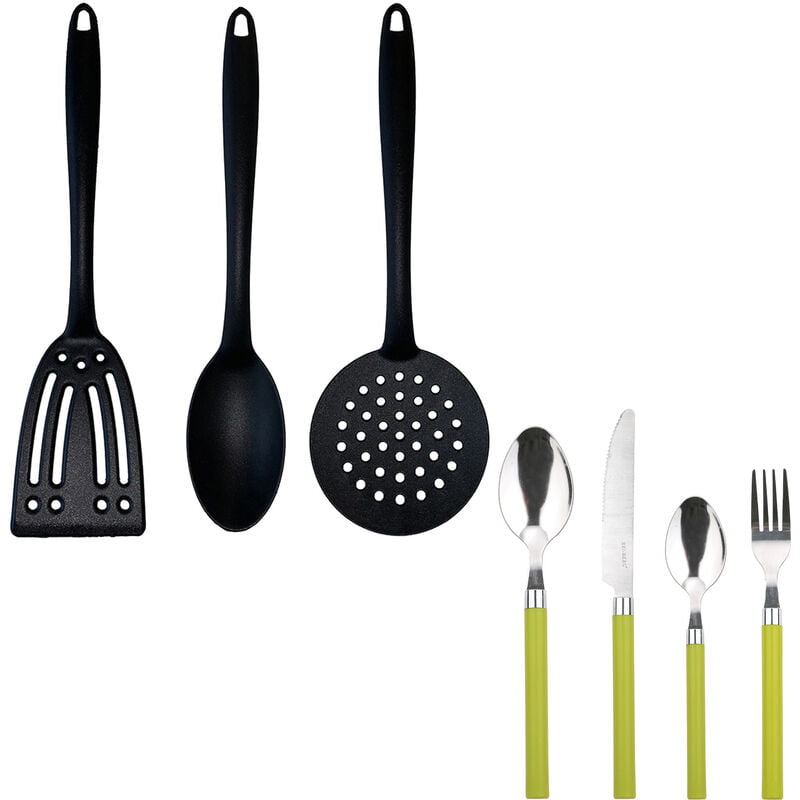 Cuberteria 24 piezas de acero inoxidable Happie Green con set de 3 utensilios de cocina en nylon - Renberg barato