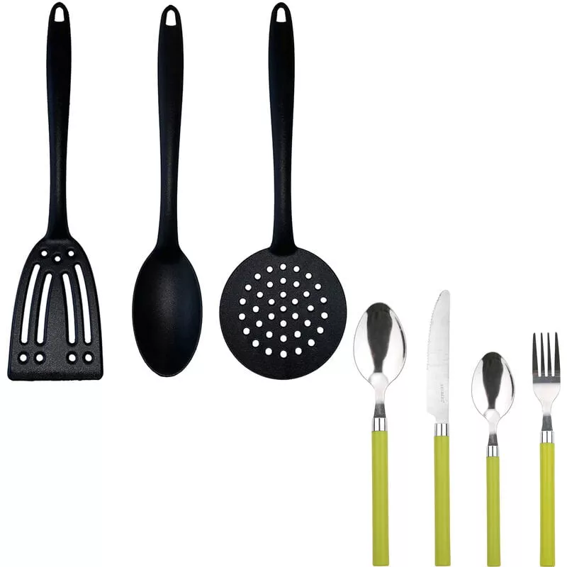 Cuberteria 24 Piezas De Acero Inoxidable Happie Green Con Set De 3 Utensilios De Cocina En Nylon - Renberg En Oferta Cuberteria 24 Piezas De Acero Inoxidable Happie Green Con Set De 3 Utensilios De Cocina En Nylon - Renberg Barato