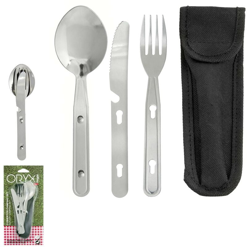 Cubiertos camping acero inoxidable 3 piezas con funda nylon barato