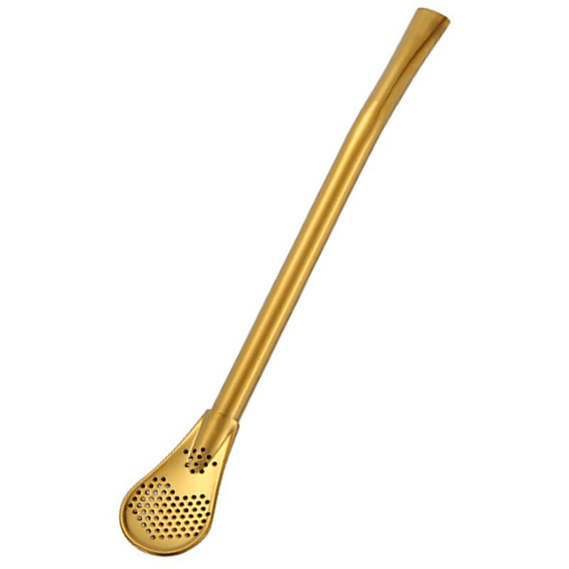 Cuchara de paja de acero inoxidable Cuchara de beber reutilizable Pajitas Filtro doble Pajitas planas de diseno liso