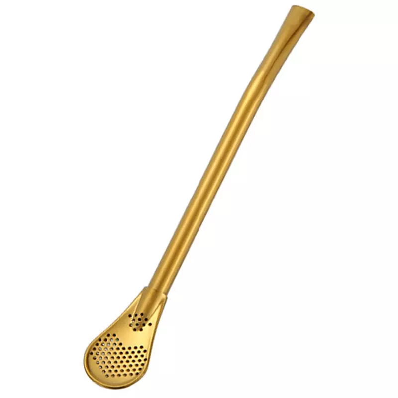 Cuchara de paja de acero inoxidable Cuchara de beber reutilizable Pajitas Filtro doble Pajitas planas de diseno liso