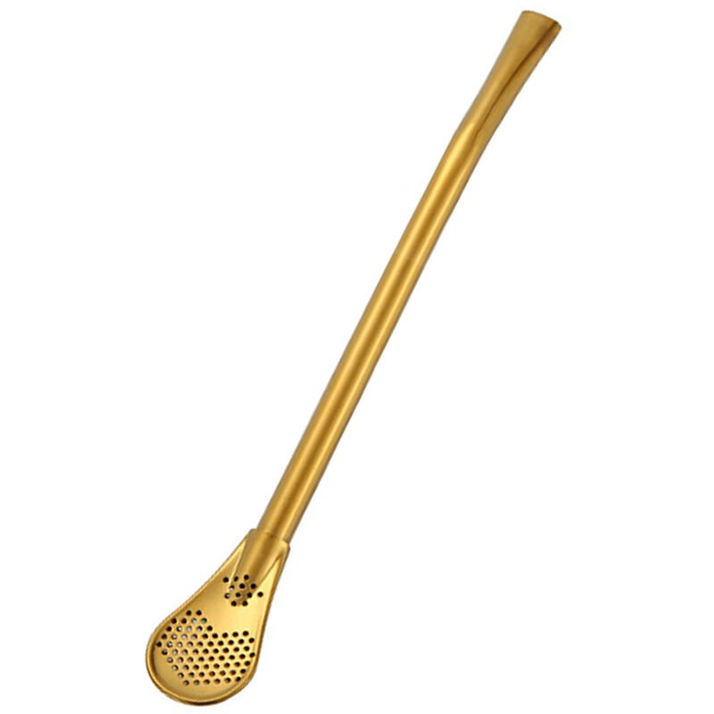 Cuchara de paja de acero inoxidable Cuchara de beber reutilizable Pajitas Filtro doble Pajitas planas de diseno liso