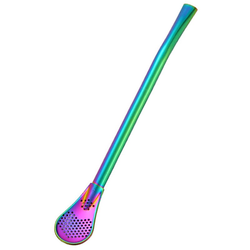 Cuchara de paja de acero inoxidable Cuchara de beber reutilizable Pajitas Filtro doble Pajitas planas de diseno liso