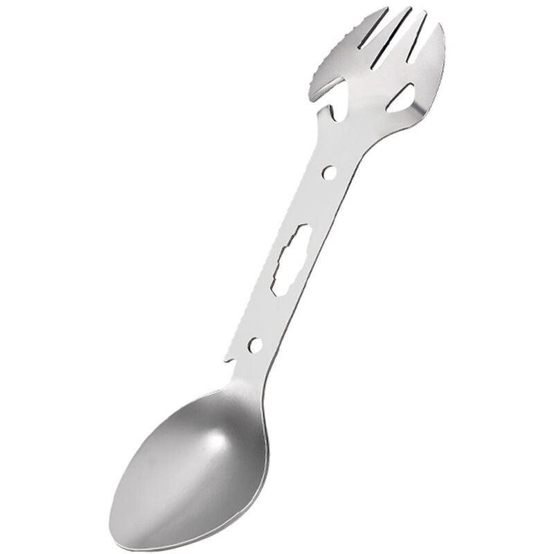 Cuchara multifuncional Vajilla para exteriores Spork Tenedor de acero inoxidable Abrelatas Llave para picnic Camping Senderismo Pesca