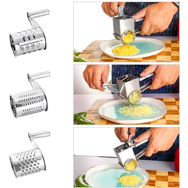 De acero inoxidable manual de queso rallador de Rotary mequina de cortar multiuso Quesos Zanahorias Pepinos cortador desfibradora con 3 tambores barato