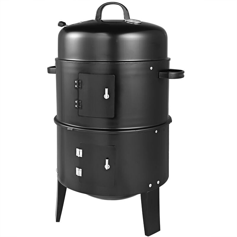 Deuba - 3en1 Barbacoa Ahumador Asador Negro al carbón vegetal con termómetro 75 x 40 cm perfecto para terraza