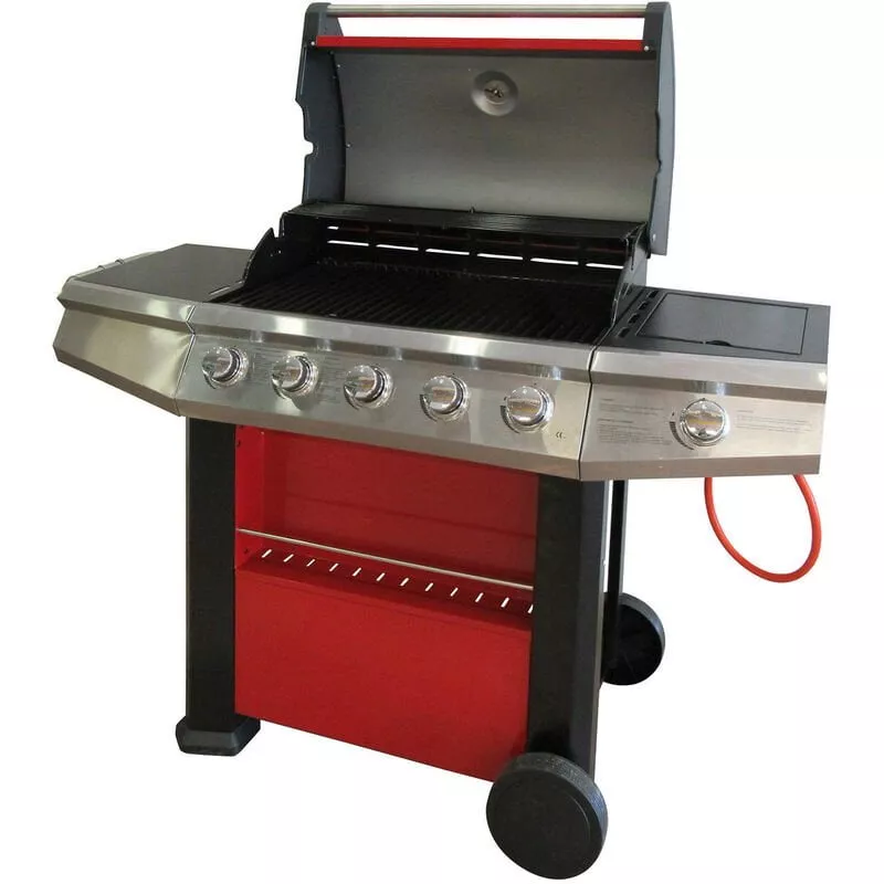 Dmora - Barbacoa Gas 4 Fuegos + 1 Lateral, Color Rojo, 156 X 58 X H121 Cm En Oferta Dmora - Barbacoa Gas 4 Fuegos + 1 Lateral