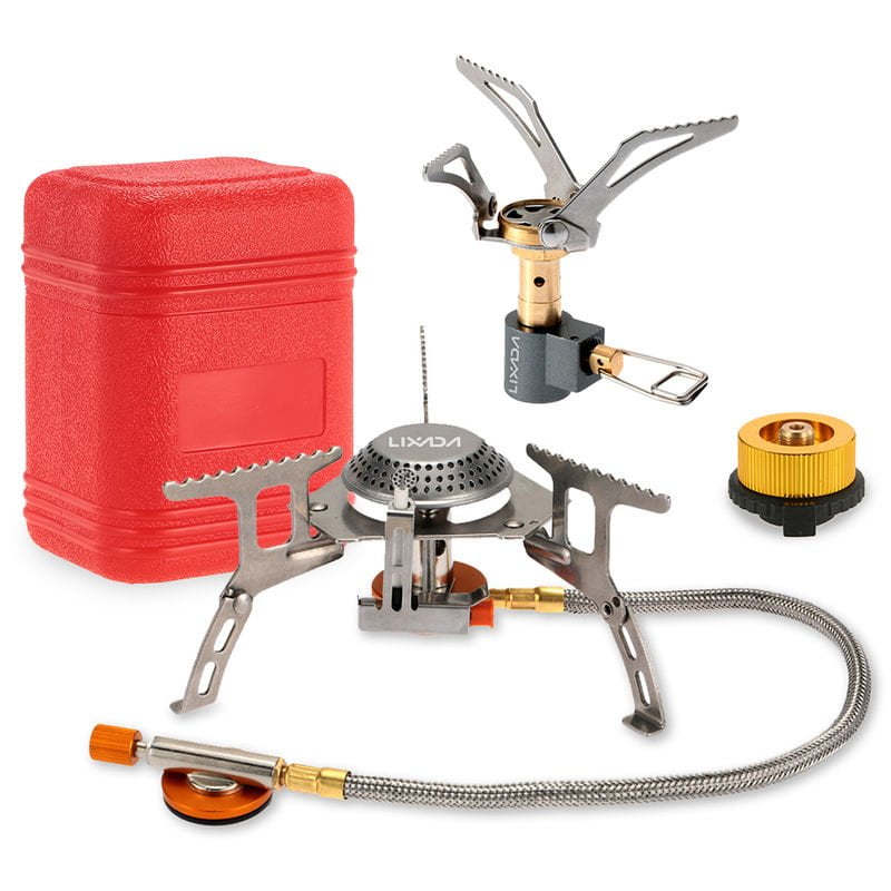 Estufa 3000W camping de utensilios de cocina plegable de bolsillo mini estufa de camping gas Quemador de Split con el adaptador de cabezal de barato