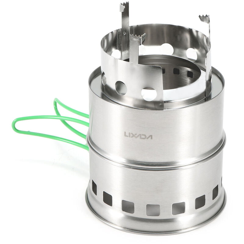 Estufa de camping plegable de acero inoxidable Estufa de lena portatil para exteriores con asas plegables y bandeja de alcohol para acampar