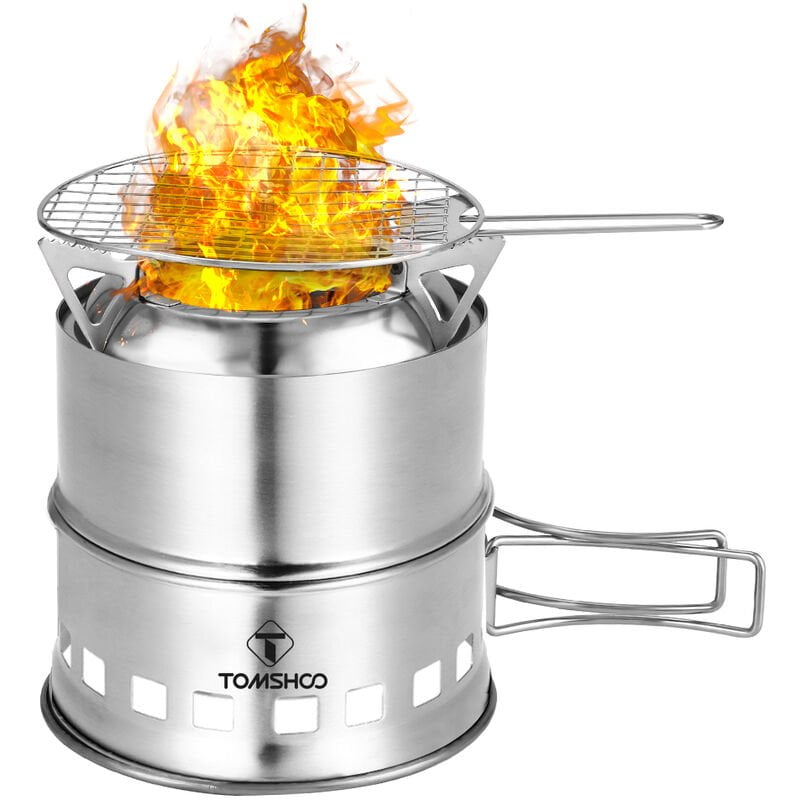 Estufa de camping y estufa de mochilero mejorada con placa de ceniza de madera y mango plegable