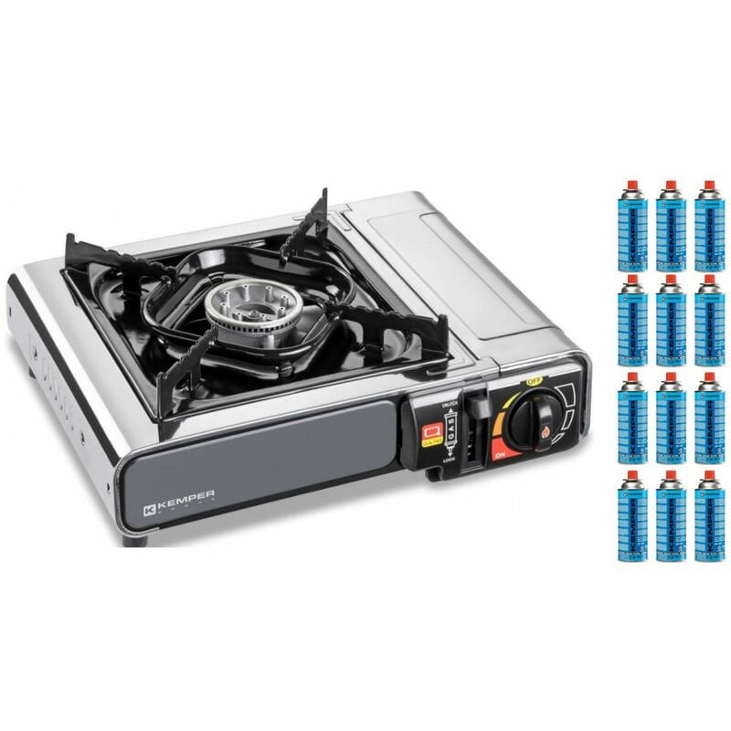 Estufa de gas 2200W Inox Nomade + 12 cartuchos de gas 227gr Encendido piezoeléctrico Inserto de gas de seguridad - Kemper barato