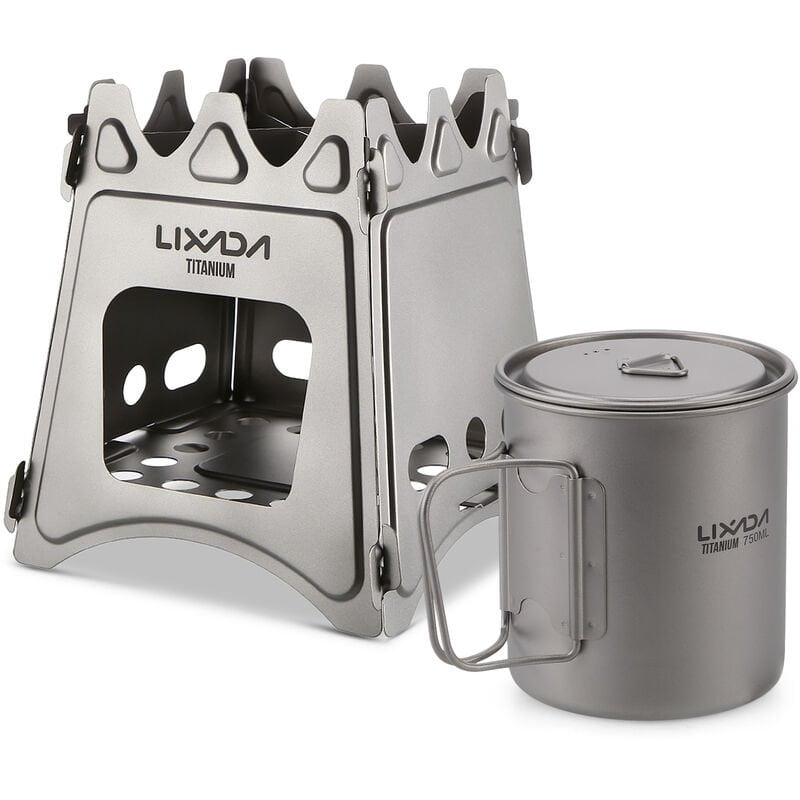 Estufa de lena de titanio plegable compacta con taza de agua de 750 ml para acampar al aire libre