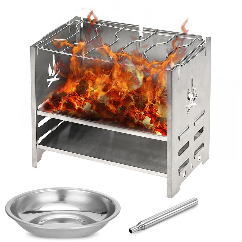 Estufa para mochileros de acero inoxidable plegable potable Estufa de campamento de lena para exteriores con bandeja de alcohol y fuelle para barato