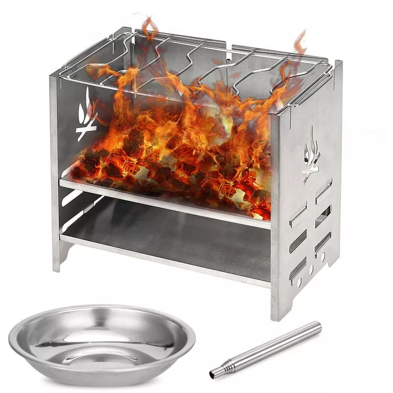 Estufa Plegable Para Mochileros De Acero Inoxidable, Estufa De Campamento De Lena Para Exteriores, Con Bandeja Para Alcohol Y Fuelle En Oferta Estufa Plegable Para Mochileros De Acero Inoxidable