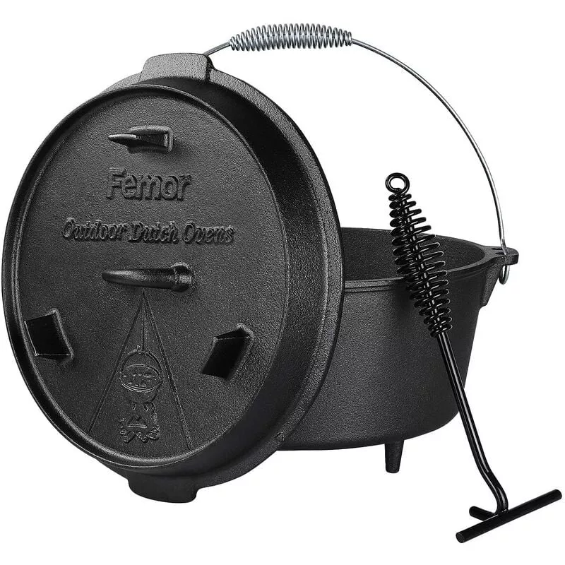 Homfa - Outdoor Dutch Oven 4.8 Litros, Cacerola De Hierro Fundido Con Patas, Horneada, Asador Con Elevador De Tapa, Mango En Espiral Y Ranura Para En Oferta Homfa - Outdoor Dutch Oven 4.8 Litros