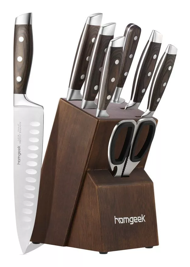 Homgeek - Juego De Cuchillos, Juego De Bloques De Cuchillos De Cocina De 8 Piezas Con Afilador, Hoja De Acero Inoxidable Aleman 1.4116, Mango De En Oferta Homgeek - Juego De Cuchillos