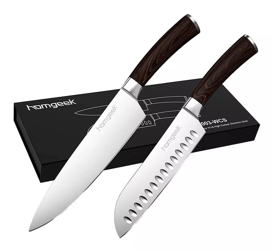 Homgeek - Juego De Cuchillos Para Chef Con Mango De Madera Y Cuchillo Santoku, Cuchillo De Cocina De Acero Aleman, Cuchillo Para Frutas Con Estuche En Oferta Homgeek - Juego De Cuchillos Para Chef Con Mango De Madera Y Cuchillo Santoku