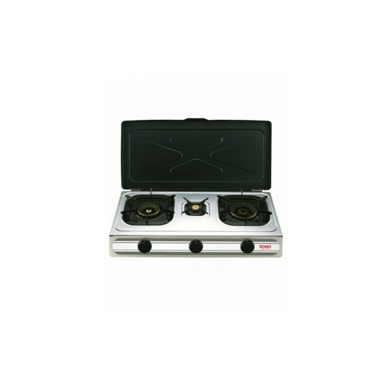 . Hornillo a Gas Portátil Termopar de Acero Inoxidable con Tapa. Encendido Piezoeléctrico y 3 Quemadores de Triple Corona - Romo barato