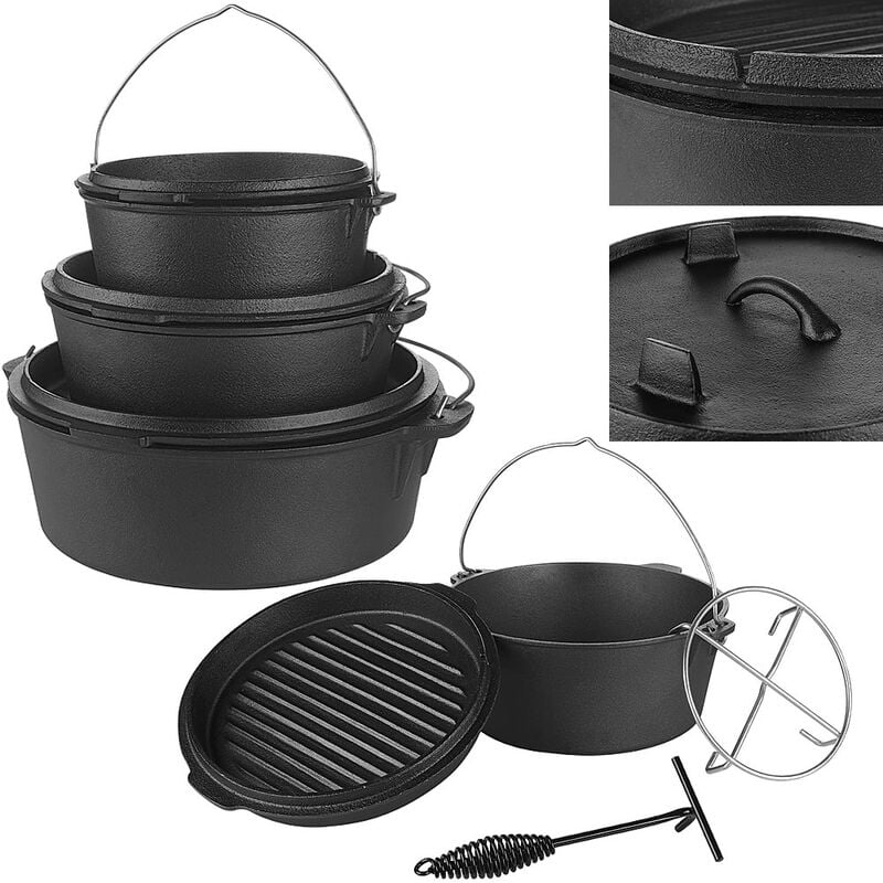 Horno holandés de hierro fundido Potjie Olla de fuego Olla de camping Tapa elevadora Tetera Asador Olla de fuego para barbacoa barato