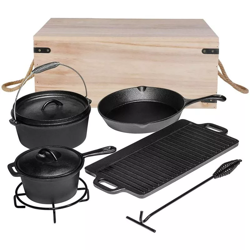 Horno Holandés, Juego De 7 Piezas Horno Holandés En Hierro Fundido (3.8L), Con Caja De Madera, Horno Holandés, Sartén De Hierro Fundido, Soporte, En Oferta Horno Holandés