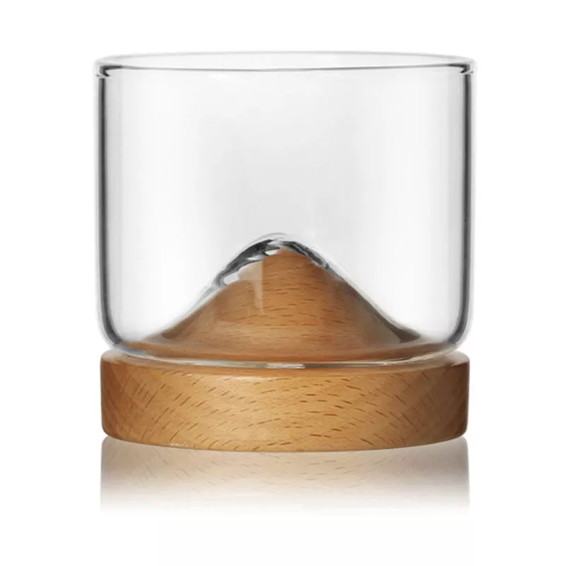 Inicio Cocina Taza de vidrio grueso Base de forma de montana Taza de vidrio transparente a prueba de calor con fondo de madera