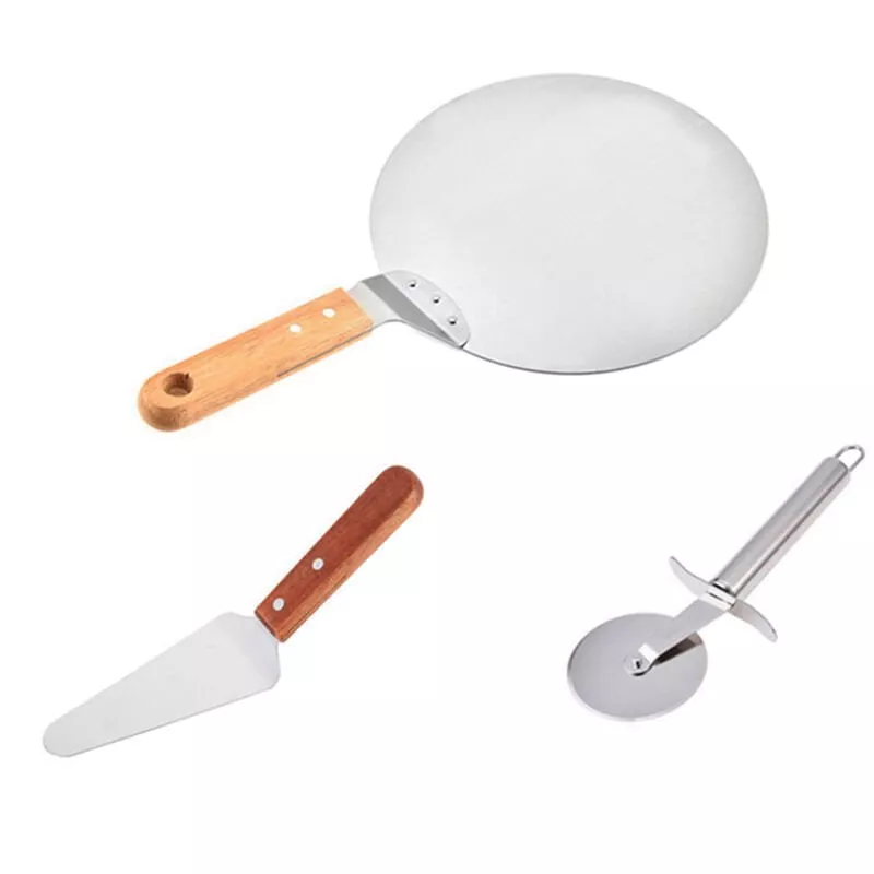 Juego De 3 Piezas Para Pizza, Acero Inoxidable, 10 Pulgadas, Horno Redondo, Cascara De Pizza Con Mango De Madera, Rueda Cortadora De Pizza Y Pala En Oferta Juego De 3 Piezas Para Pizza