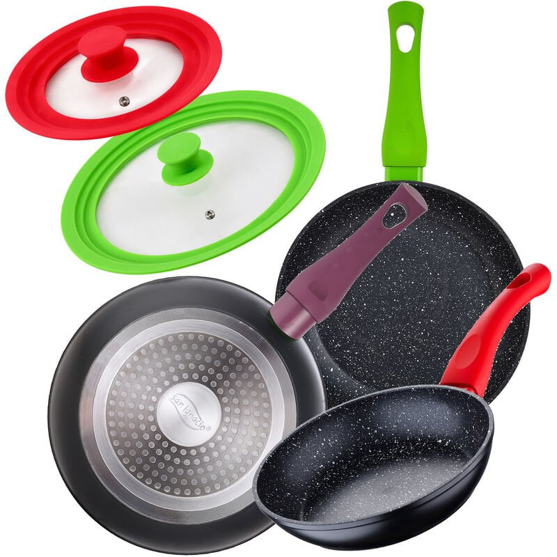 Juego de 3 sartenes 18/22/26 cm SAN IGNACIO y 2 tapas universales en color