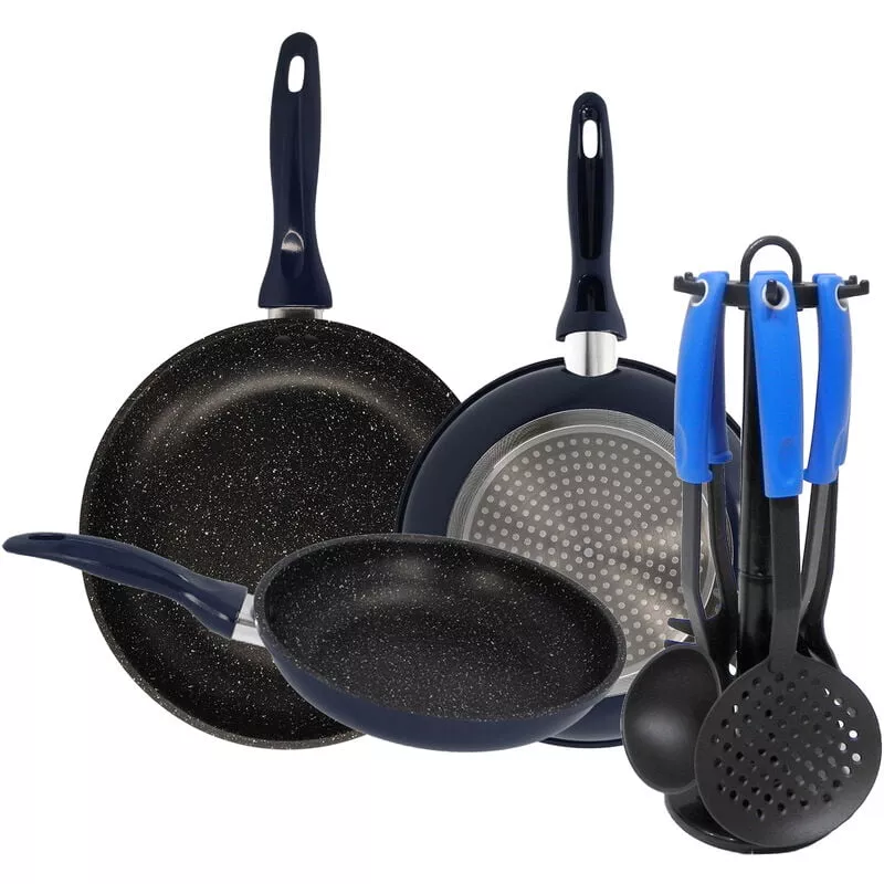 Juego De 3 Sartenes De Ø18, Ø20 Y Ø24 Cm, Aptas Para Inducción + 6 Utensilios De Cocina Con Soporte En Oferta Juego De 3 Sartenes De Ø18