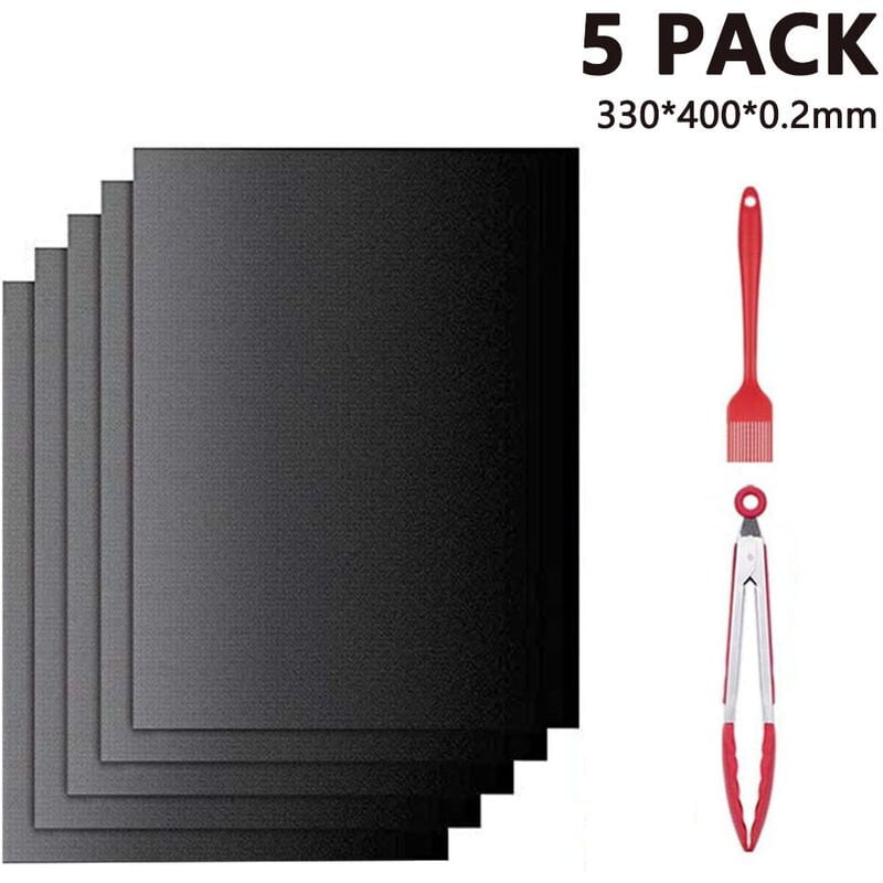 Juego de 5 alfombrillas para barbacoa antiadherentes reutilizables con pinza para alimentos de 12 pulgadas y cepillo de silicona