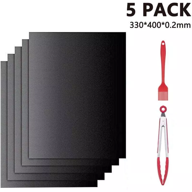 Juego de 5 alfombrillas para barbacoa antiadherentes reutilizables con pinza para alimentos de 12 pulgadas y cepillo de silicona