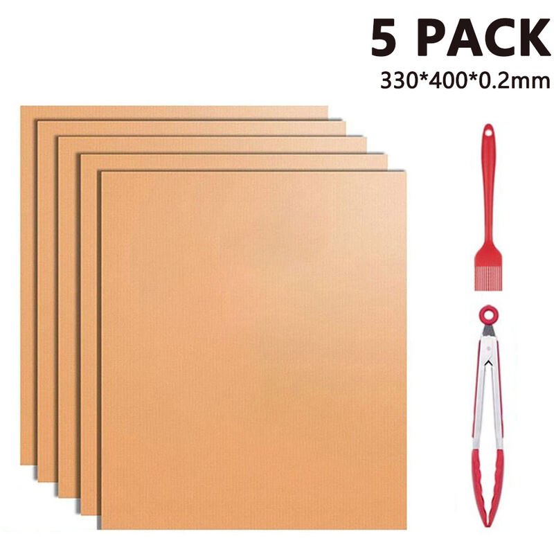 Juego de 5 alfombrillas para barbacoa antiadherentes reutilizables con pinza para alimentos de 12 pulgadas y cepillo de silicona