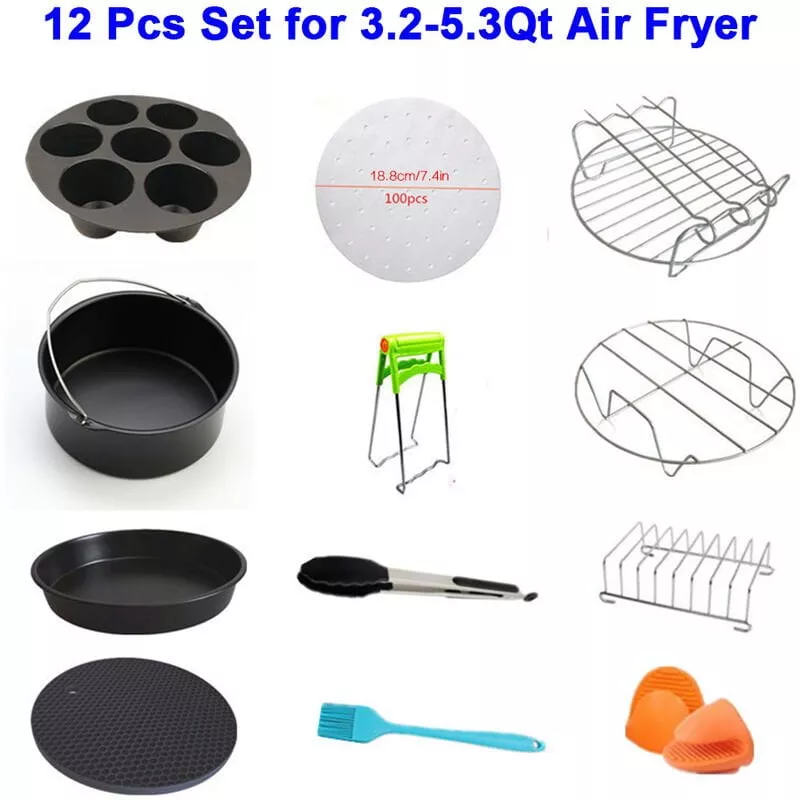 Juego De Accesorios Para Freidora De Aire De 12 Piezas Para Freidora De Aire De 3.2-5.3Qt Con Revestimiento Antiadherente Para Pastel, Pizza, Sarten, En Oferta Juego De Accesorios Para Freidora De Aire De 12 Piezas Para Freidora De Aire De 3.2-5.3Qt Con Revestimiento Antiadherente Para Pastel