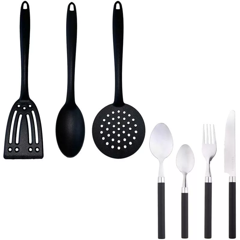 Juego De Cuberteria De 24 Piezas Negra En Acero Inoxidable Con Set De 3 Utensilios De Cocina - Renberg En Oferta Juego De Cuberteria De 24 Piezas Negra En Acero Inoxidable Con Set De 3 Utensilios De Cocina - Renberg Barato