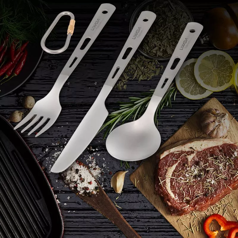 Juego De Cubiertos De 3 Piezas, Titanio, Para Acampar Al Aire Libre, Para Picnic, Cubiertos, Cuchara, Tenedor, Cortador, Con Mosqueton - Lixada En Oferta Juego De Cubiertos De 3 Piezas