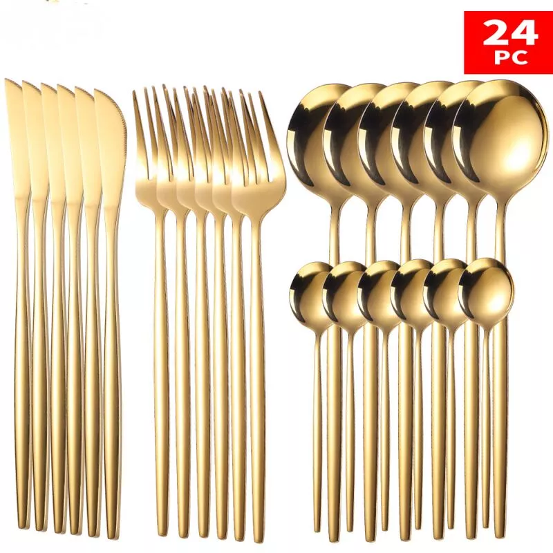 Juego De Cubiertos Dorados De Acero Inoxidable, Cubiertos De Espejo, Cuchillo, Tenedor, Cuchara, Aptos Para Lavavajillas, 24 Piezas En Oferta Juego De Cubiertos Dorados De Acero Inoxidable
