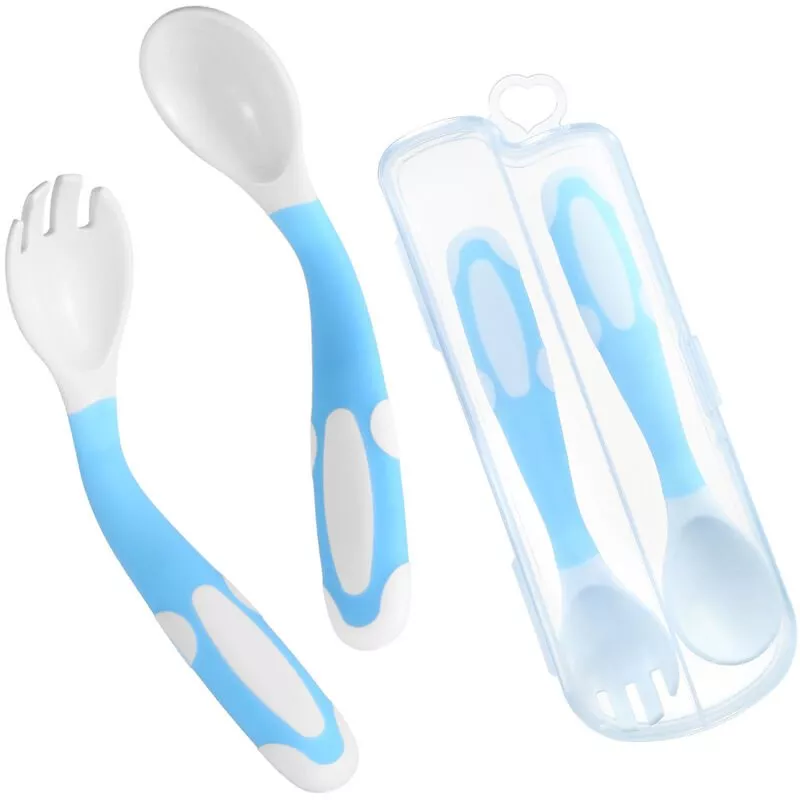 Juego De Cuchara Y Tenedor Para Bebe, Estuche De Viaje, Mango Flexible Y Antideslizante, Cuchara De Entrenamiento Para Bebes Con Caja De En Oferta Juego De Cuchara Y Tenedor Para Bebe