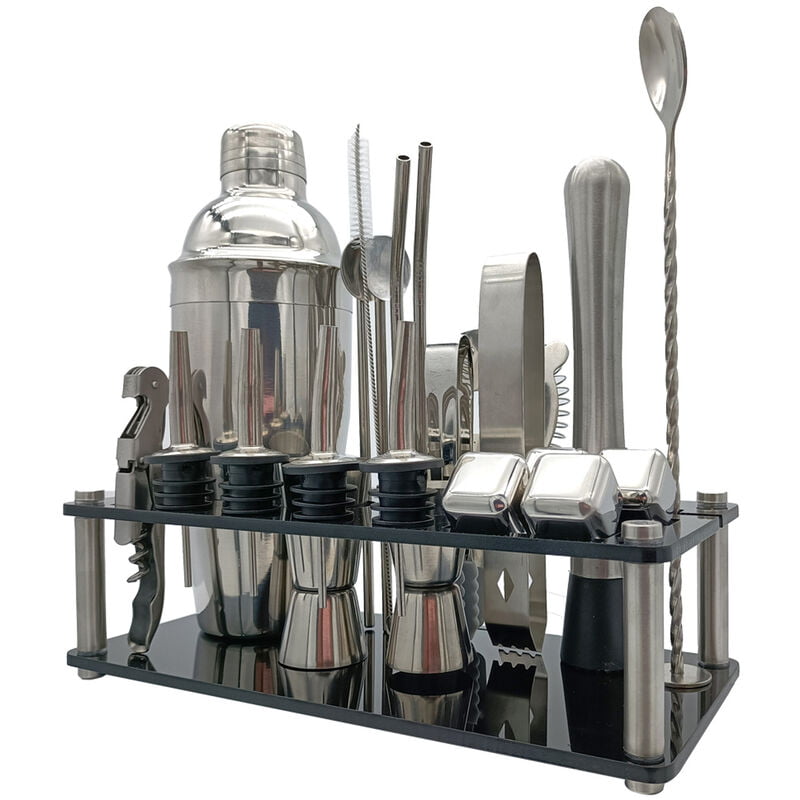 Juego de herramientas para hacer bebidas de acero inoxidable con mezclador de coctelera Boston de 23 piezas para uso en bares domesticos