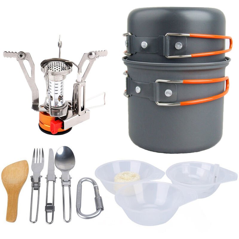 Juego de ollas portatiles para acampar Ollas de aleacion de aluminio Estufa plegable Cubiertos de acero inoxidable Picnic al aire libre