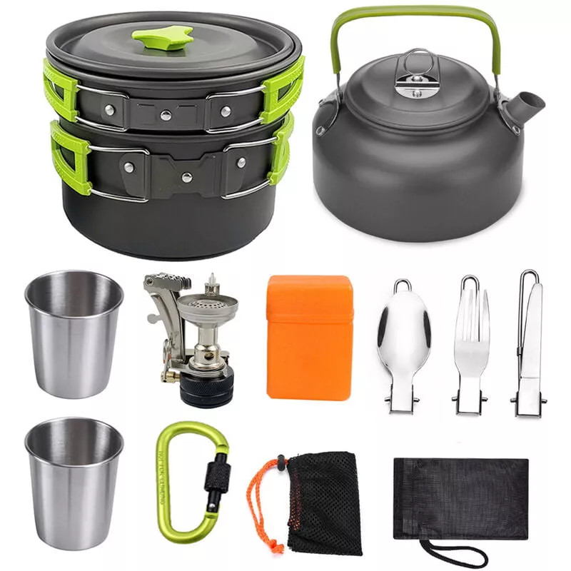 Juego De Ollas Portatiles Para Acampar, Sarten De Aleacion De Aluminio, Estufa Plegable, Cubiertos De Acero Inoxidable, Picnic Al Aire Libre, Verde En Oferta Juego De Ollas Portatiles Para Acampar