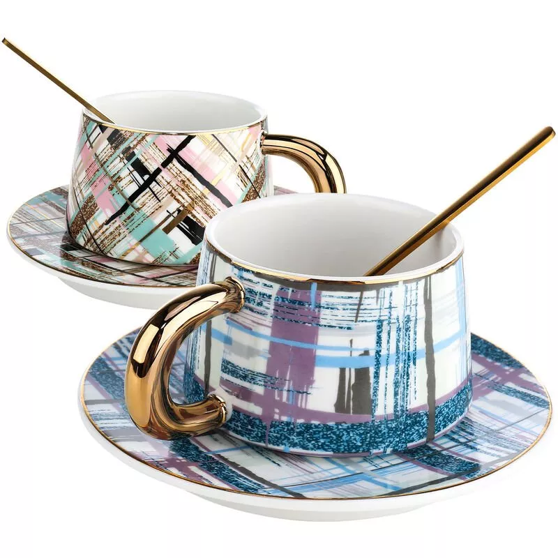 Juego De Taza Y Platillo De Cafe, Taza De Te De Ceramica, Cuchara De Acero Inoxidable 304, Dos Juegos En Una Caja - Tooarts En Oferta Juego De Taza Y Platillo De Cafe