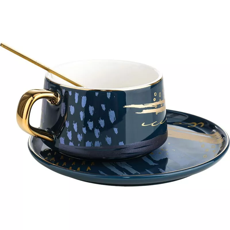 Juego De Taza Y Platillo De Cafe Taza De Te De Ceramica, Cuchara De Acero 304,Azul Oscuro - Tooarts En Oferta Juego De Taza Y Platillo De Cafe Taza De Te De Ceramica