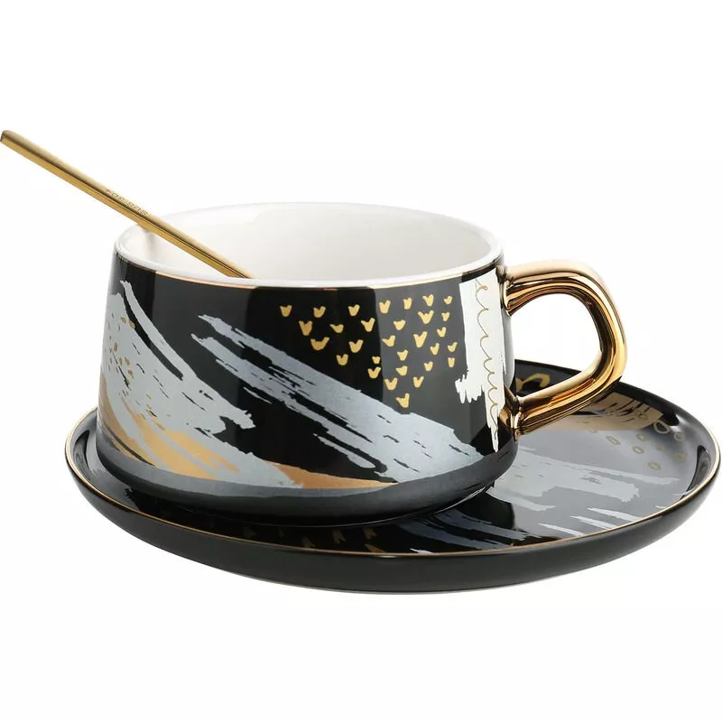 Juego De Taza Y Platillo De Cafe Taza De Te De Ceramica, Cuchara De Acero 304,Negro - Tooarts En Oferta Juego De Taza Y Platillo De Cafe Taza De Te De Ceramica