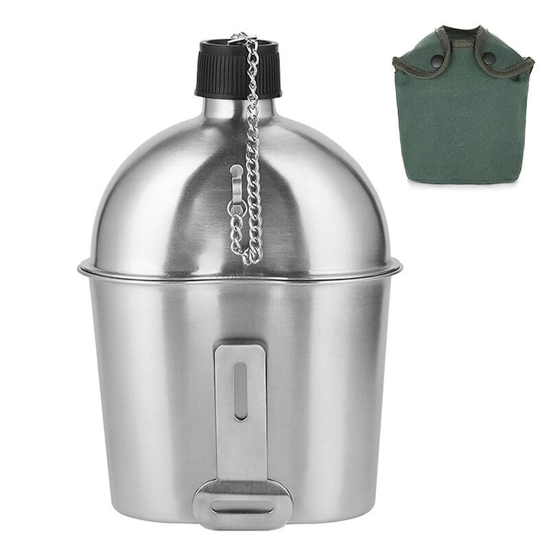 Juego de tazas de cantina militar de acero inoxidable de 2 piezas 1000 ml 600 ml con bolsa de cubierta para acampar al aire libre