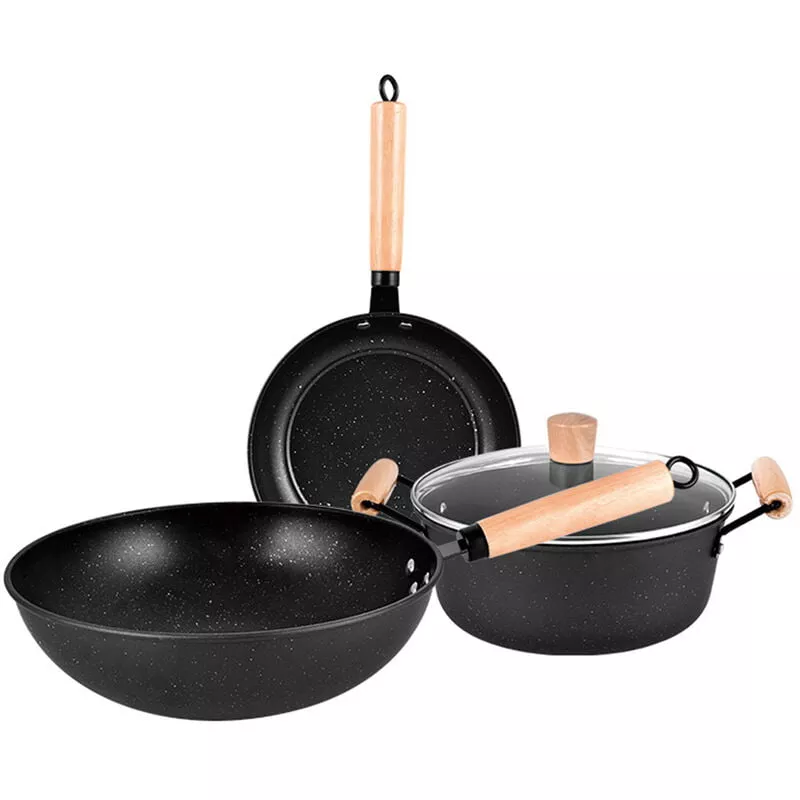 Juego De Utensilios De Cocina De 3 Piezas, Sarten Wok, Sarten Con Tapa, Ollas Y Sartenes, Juego De Sarten Antiadherente De Piedra Maifan Para Huevos En Oferta Juego De Utensilios De Cocina De 3 Piezas