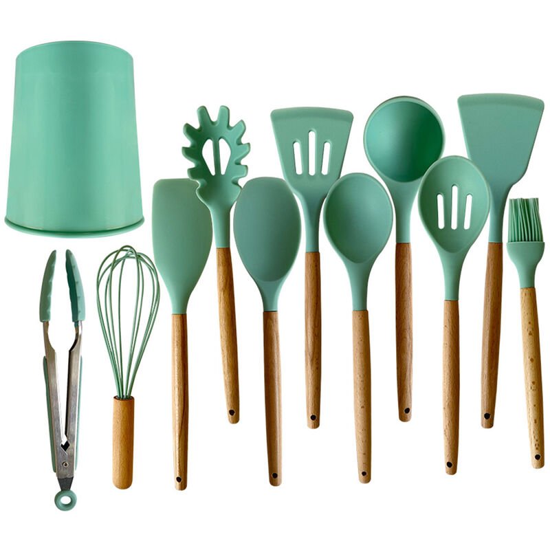Juego de utensilios de cocina de silicona de 12 piezas de utensilios de cocina con mango de madera