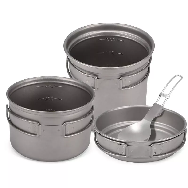 Juego De Utensilios De Cocina De Titanio Para Acampar, 1000 Ml, 750 Ml, Juego De Cucharas Para Ollas, Para Acampar Al Aire Libre, Senderismo, En Oferta Juego De Utensilios De Cocina De Titanio Para Acampar