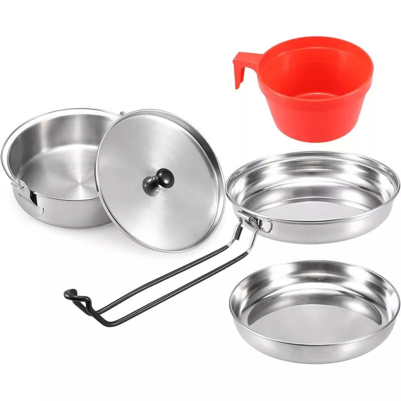 Juego De Utensilios De Cocina Para Acampar De Acero Inoxidable Con Tapa Para Sarten, Taza De Agua, Portatil, Senderismo, Mochilero, Juego De Cocina En Oferta Juego De Utensilios De Cocina Para Acampar De Acero Inoxidable Con Tapa Para Sarten