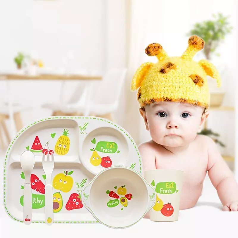 Juego De Vajilla Para Ninos De 5 Piezas, Fibra De Bambu, Seguro Y Ecologico, Plato De Dibujos Animados, Cuenco, Taza, Tenedor, Cuchara, Lavavajillas, En Oferta Juego De Vajilla Para Ninos De 5 Piezas