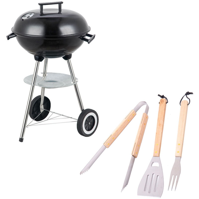 Lola Home - Pack barbacoa de carbón y 3 accesorios Milena con parrilla y ruedas de acero negra barato